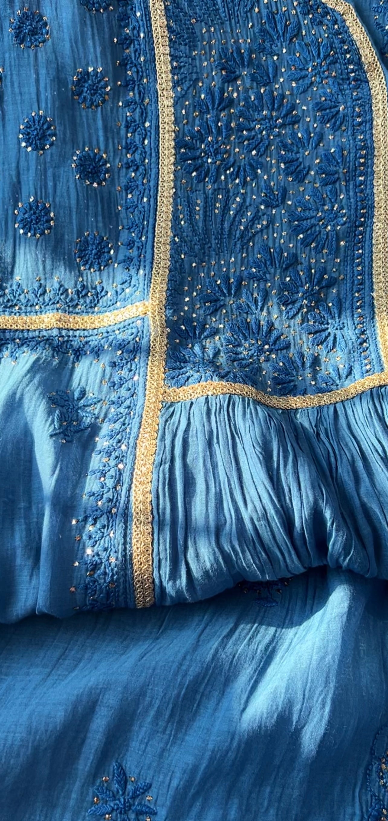 Egyptian Blue Mul Peshwaz with Chikankari & Kamdani