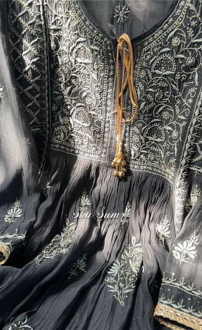 Black Mul Chanderi Peshwaz with Chikankari & Kamdani