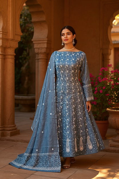 Blue Tissue Chanderi Silk Anarkali with Chikankari & Embellishments