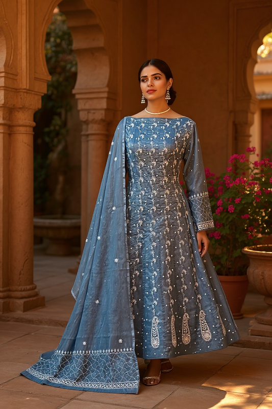 Blue Tissue Chanderi Silk Anarkali with Chikankari & Embellishments