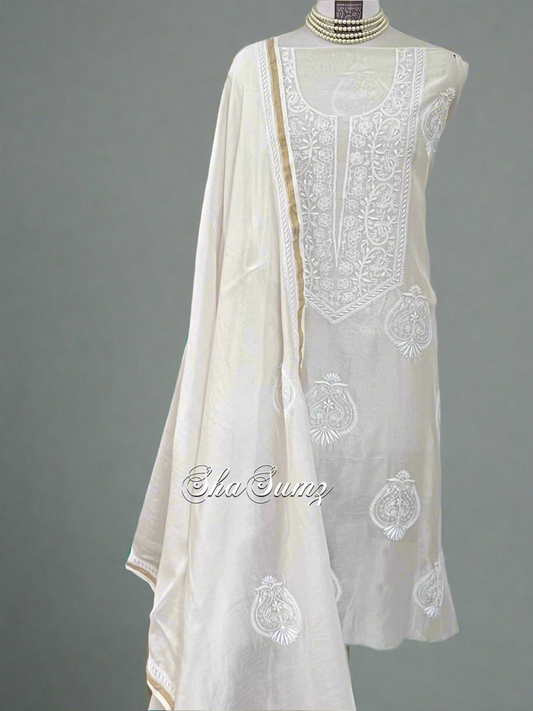 White Pure Chanderi Silk Suit with Do Taar Chikankari
