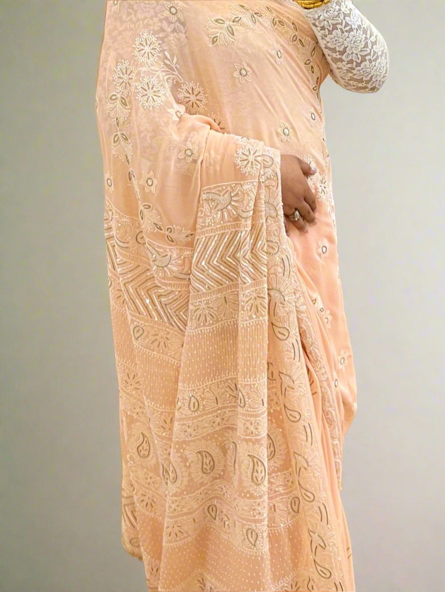 Pastel Peach Saree with Chikankari & Embellishments