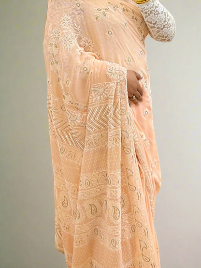 Pastel Peach Saree with Chikankari & Embellishments