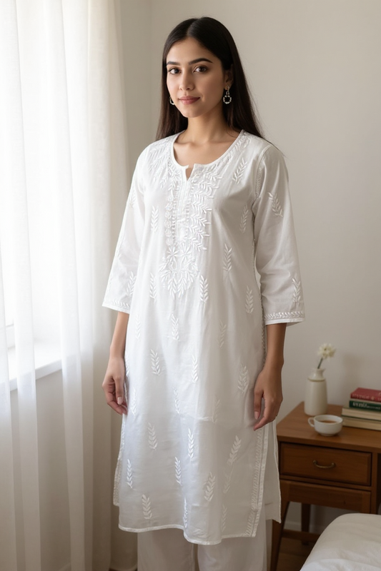 White Cotton Kurti with Chikankari