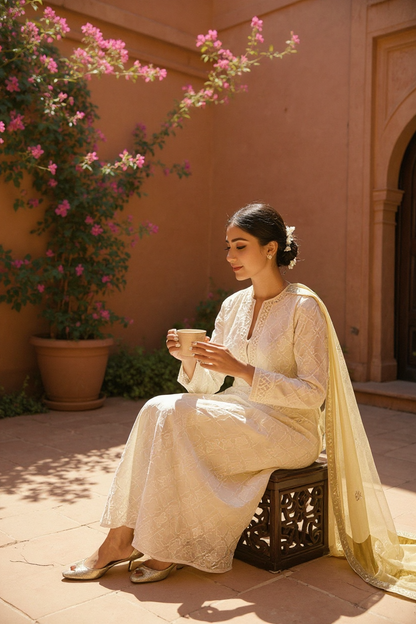 Mul Chanderi Kurta with Chikankari & Haath Jaali