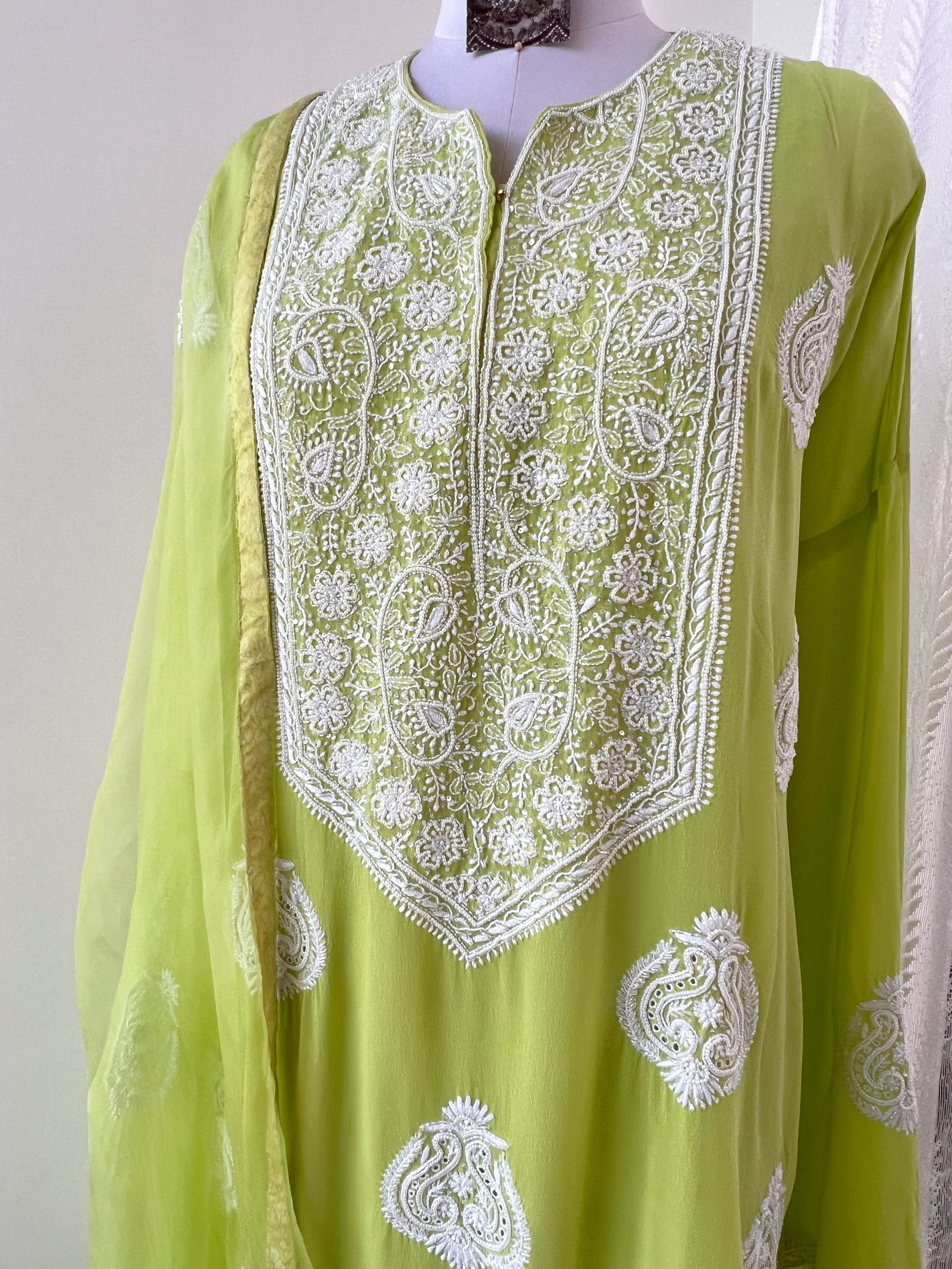 Lime Green Pure Georgette Suit with Fine Chikankari and Pearls