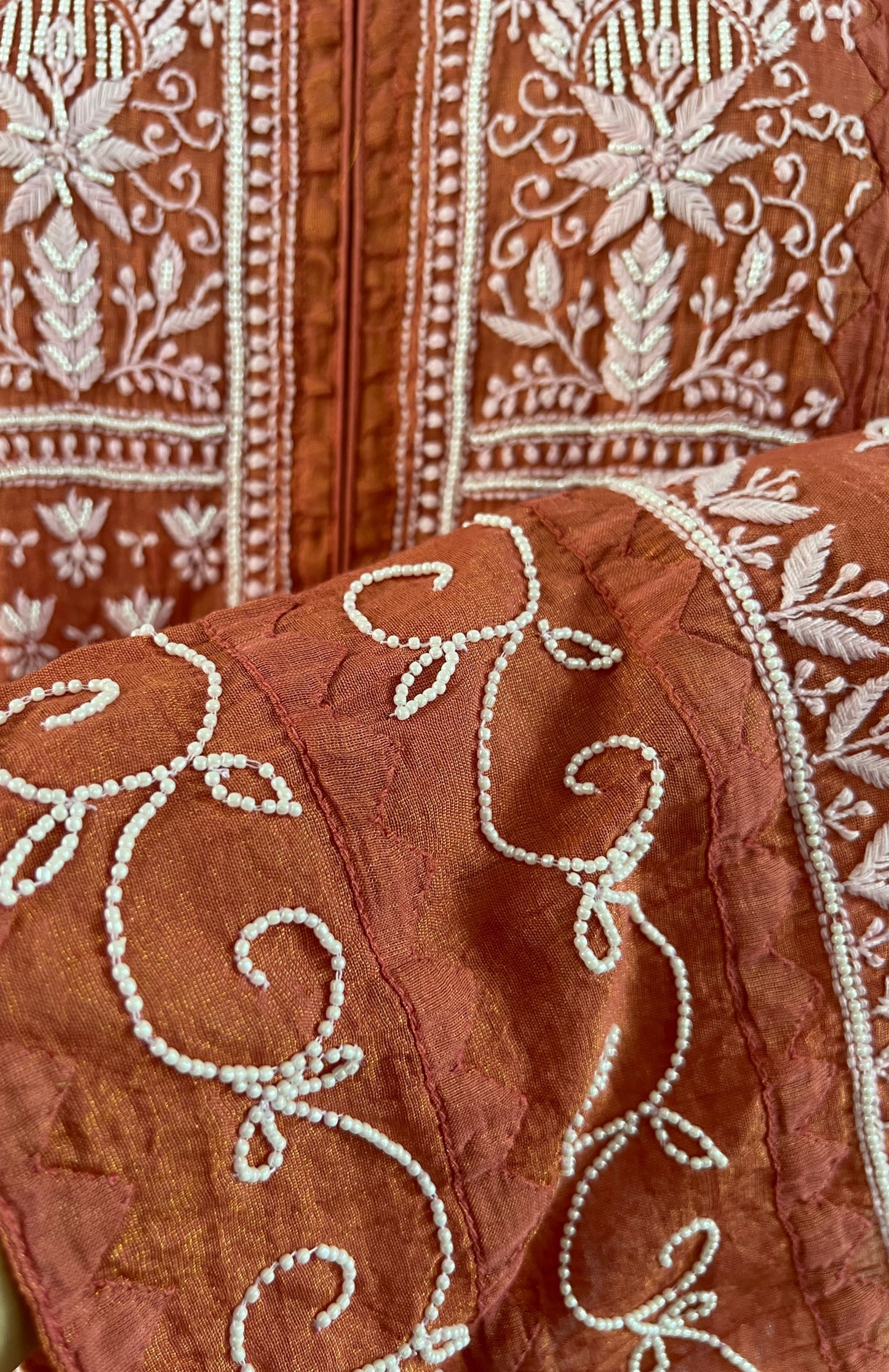 Burnt Peach Tissue Chanderi Silk Suit with Chikankari and Embellishments