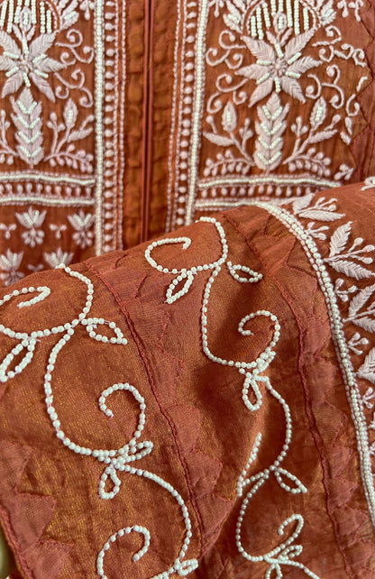 Burnt Peach Tissue Chanderi Silk Suit with Chikankari and Embellishments