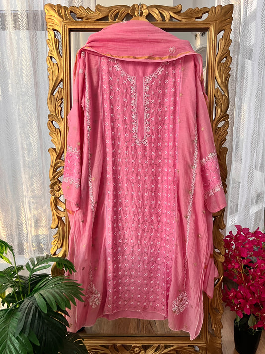 Pink Chikankari & Mukaish Chanderi Silk Suit Set