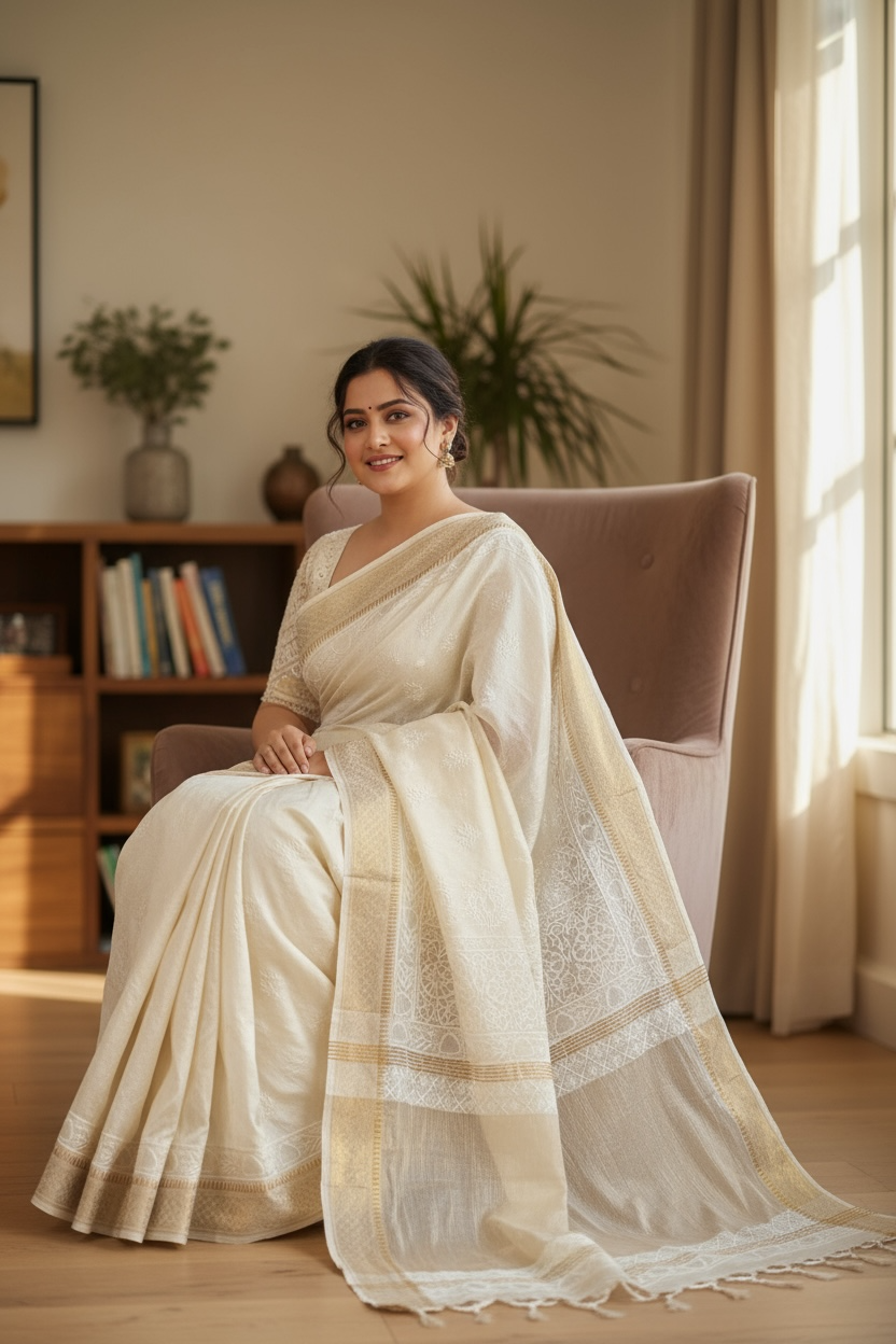 Woman sitting on a sofa while wearing Pure Silk Saree with Chikankari & Zari Border