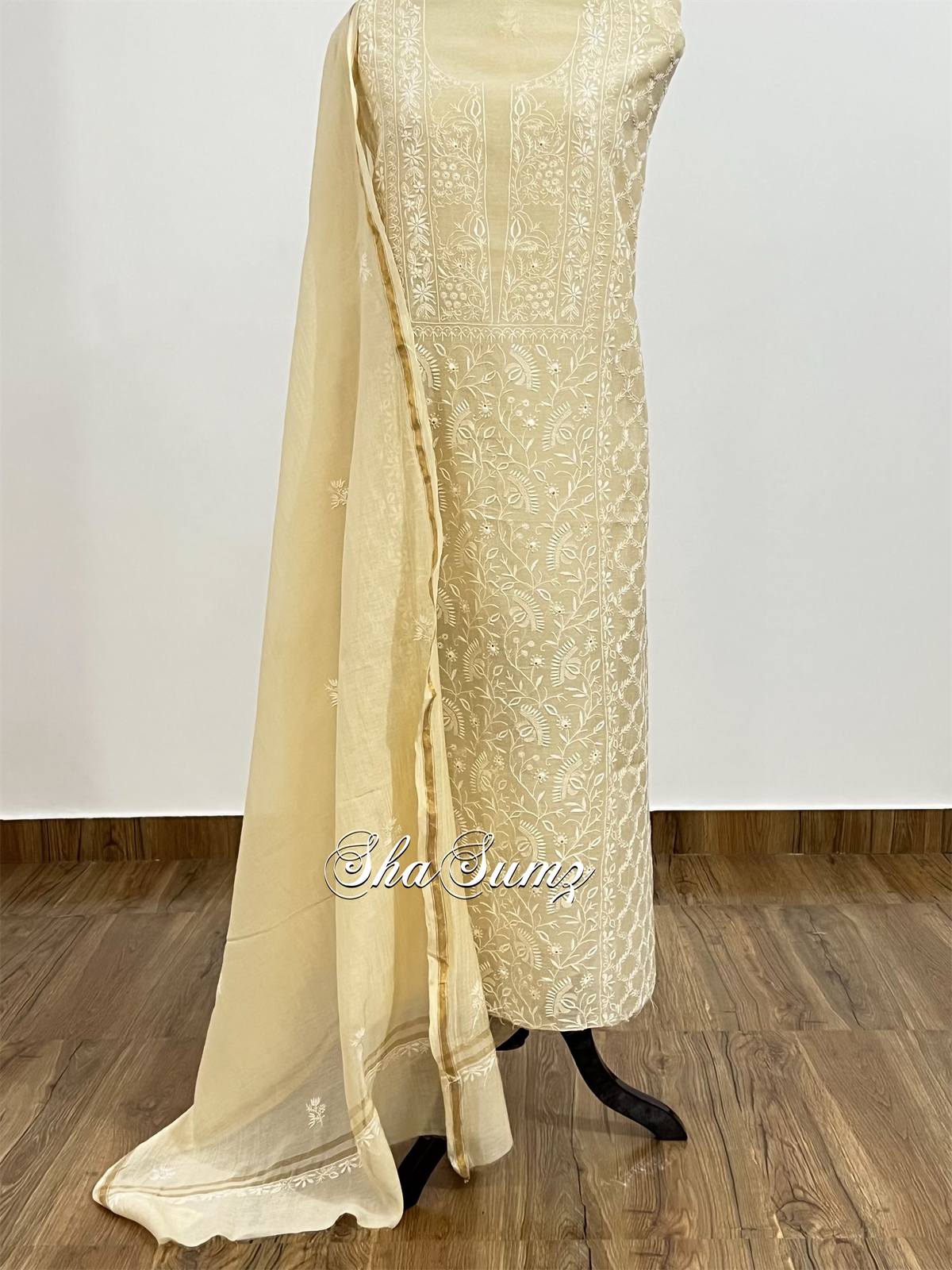 Golden Ivory Chikankari embellished Mul Chanderi Suit