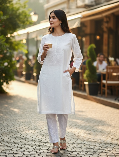 Pearl White Cotton Kurta with Chikankari & Haath Jaali