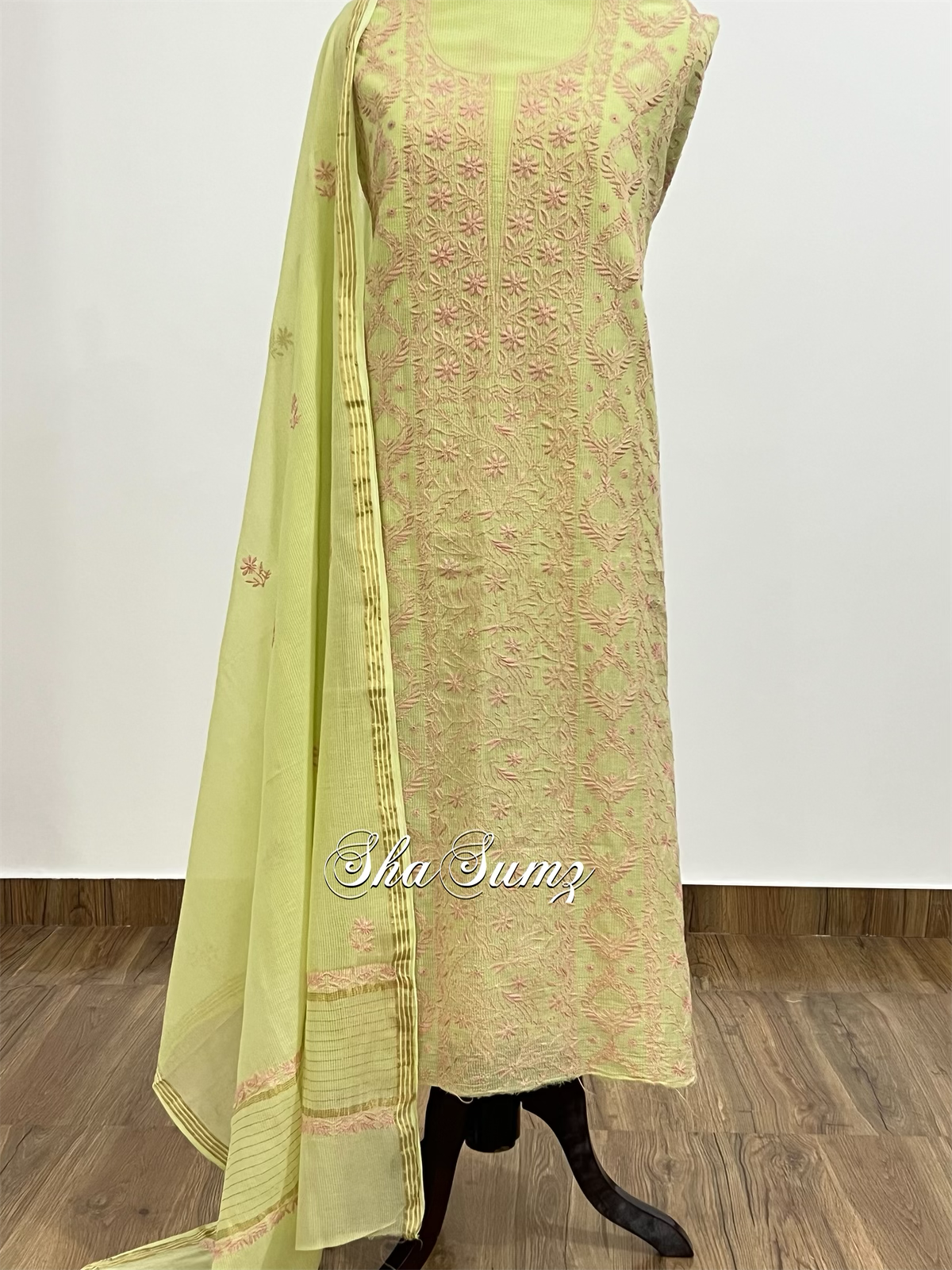 Lime Green and Pink Chikankari Mul Chanderi Suit