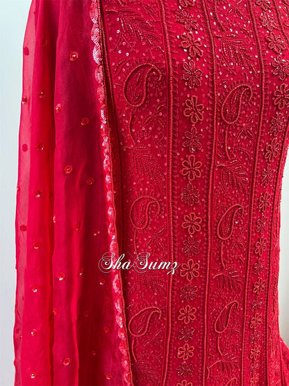 Carmine Red Anarkali with Chikankari & Embellishments.