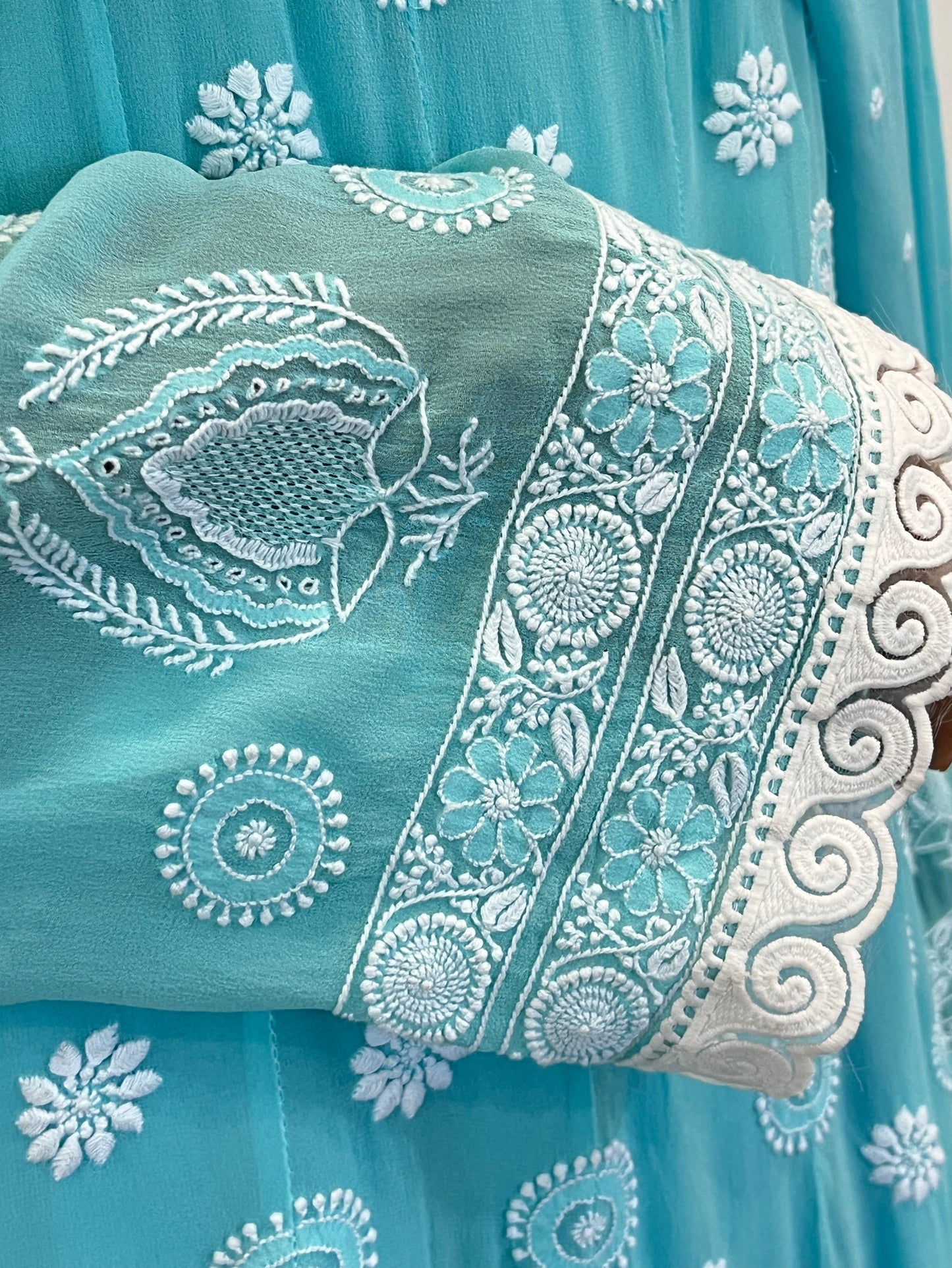 Aqua Blue Anarkali with Chikankari