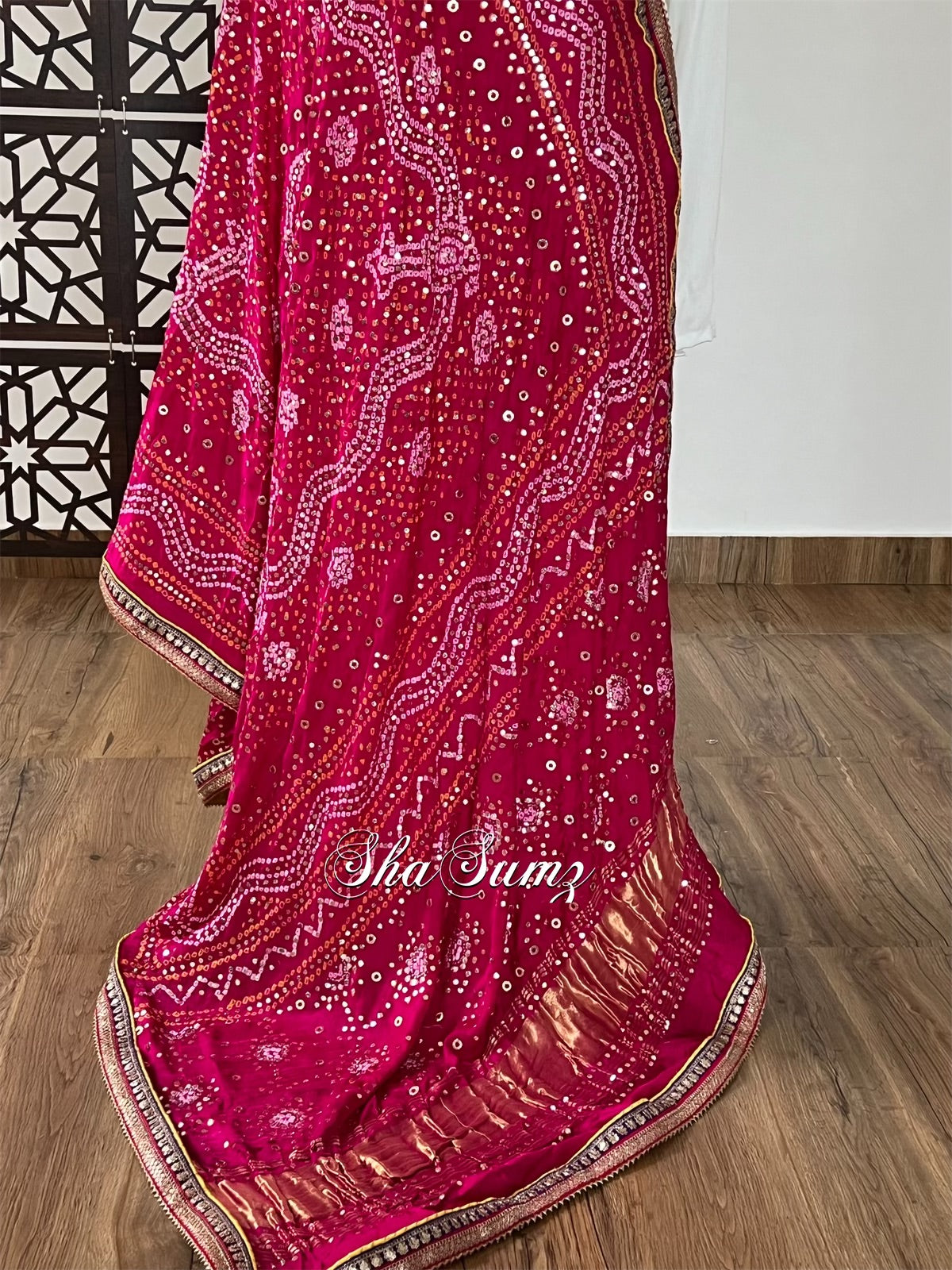 Royal Fuchsia Pink Silk Bandhej Dupatta with Mukaish