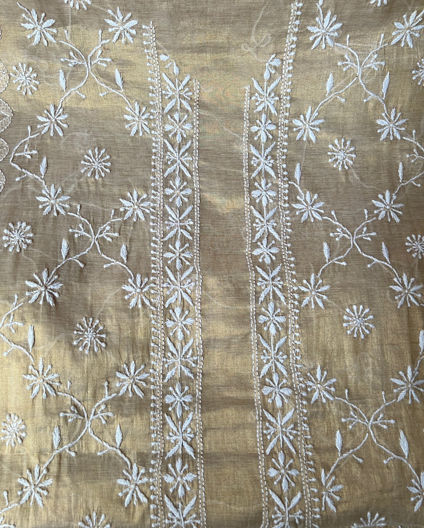 Neckline of Tissue Silk Chikankari Kurta for Men