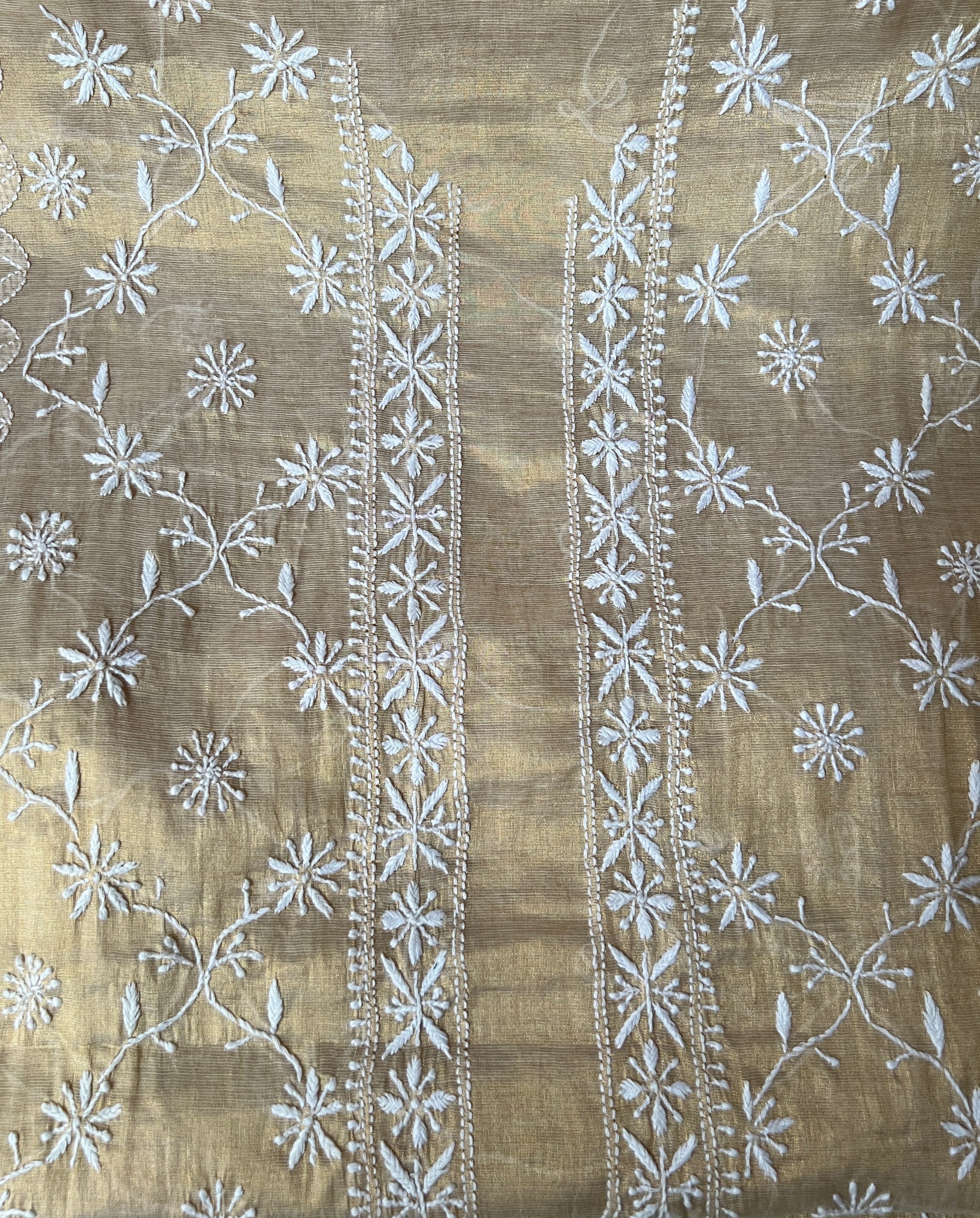 Neckline of Tissue Silk Chikankari Kurta for Men