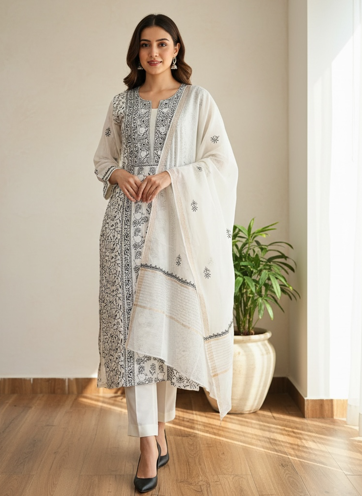 Monochrome Chikankari and Embellishments Kurta Set in Mul Chanderi, showcasing intricate embroidery and lightweight elegance.