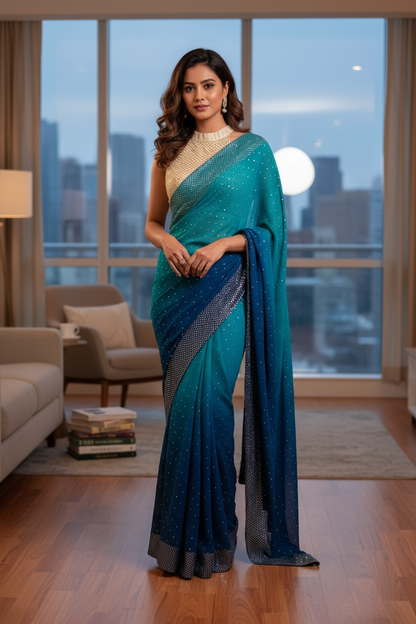 Mukaish Saree in Peacock Blue-Green