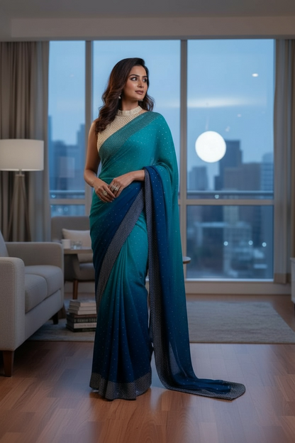 Mukaish Saree in Peacock Blue-Green