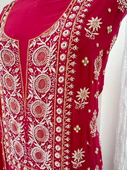 Soft Red Pure Georgette Suit with Chikankari & Embellishments