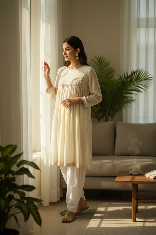 Ivory Georgette Short Flared Shirt with Handcrafted Chikankari & Embellishments