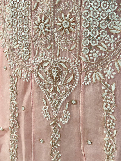 Pink Pure Organza Silk Anarkali – Hand-Embroidered Chikankari & Luxe Embellishments