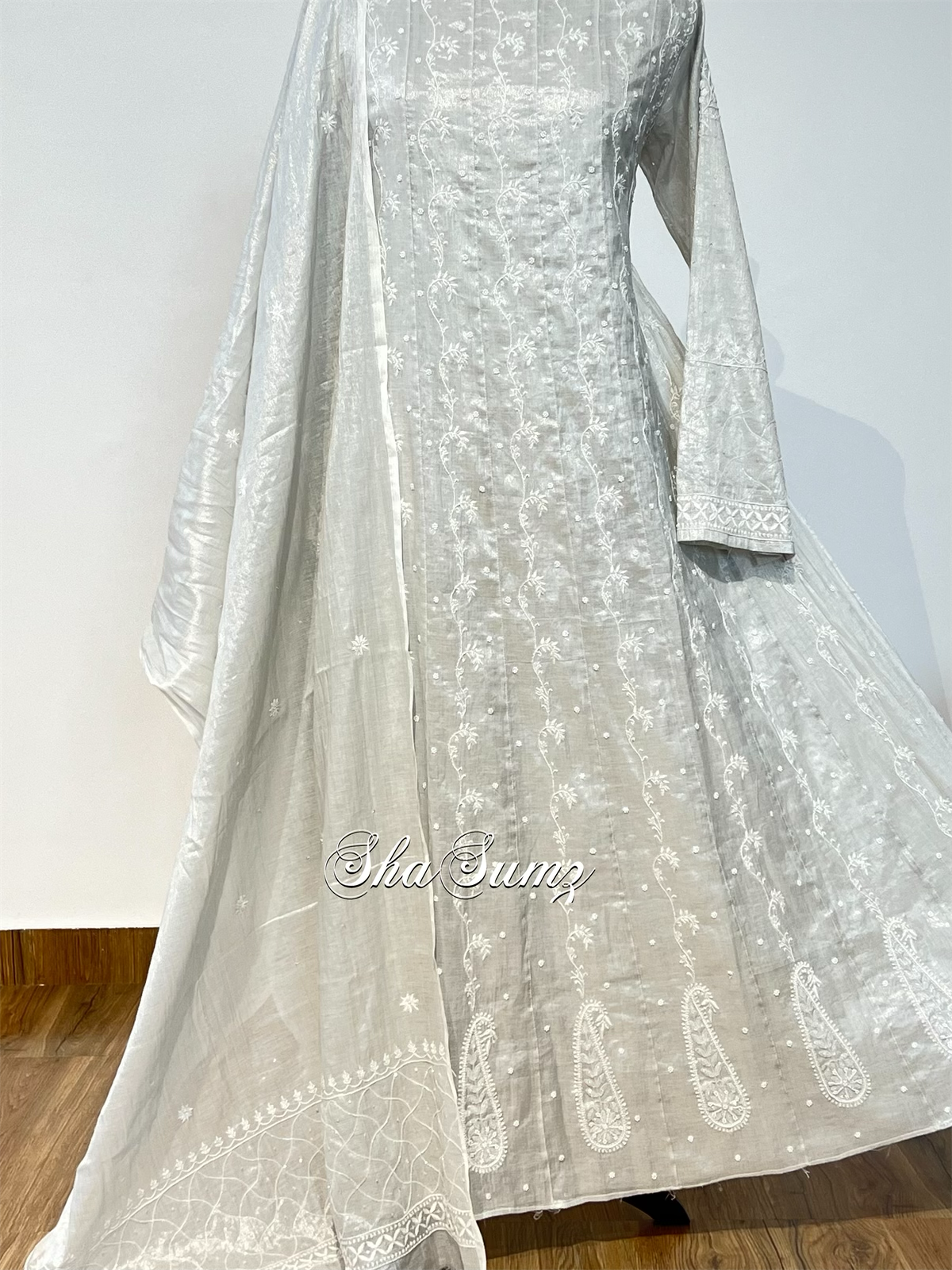 Silver Tissue Chikankari & Embellishments Anarkali