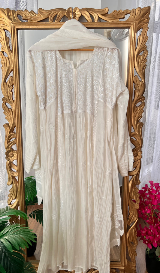 Off White Mul Chanderi Anarkali Tunic with Chikankari & Haath Jaali