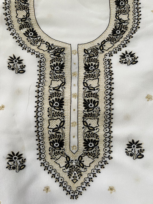 Black & White Crinkle Chiffon Suit with Chikankari and Embellishments