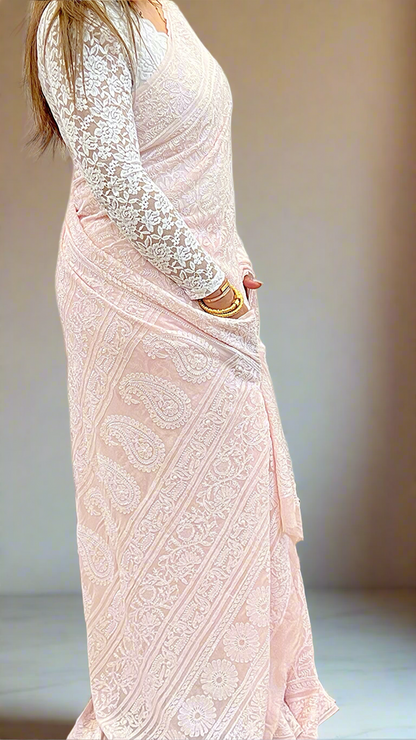 Dewy Pink Pure Georgette Saree with Chikankari & Haath Jaali