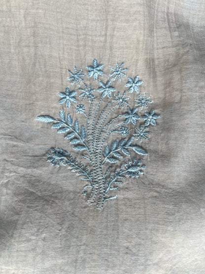 Silver Grey Mul Chanderi Anarkali – Hand-Embroidered Chikankari & Haath Jaali Work