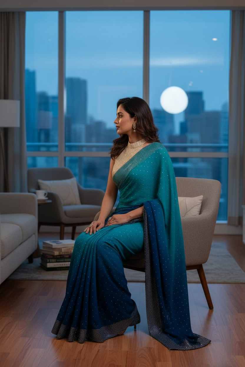 Mukaish Saree in Peacock Blue-Green