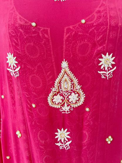 Soft Red Pure Georgette Suit with Chikankari & Embellishments