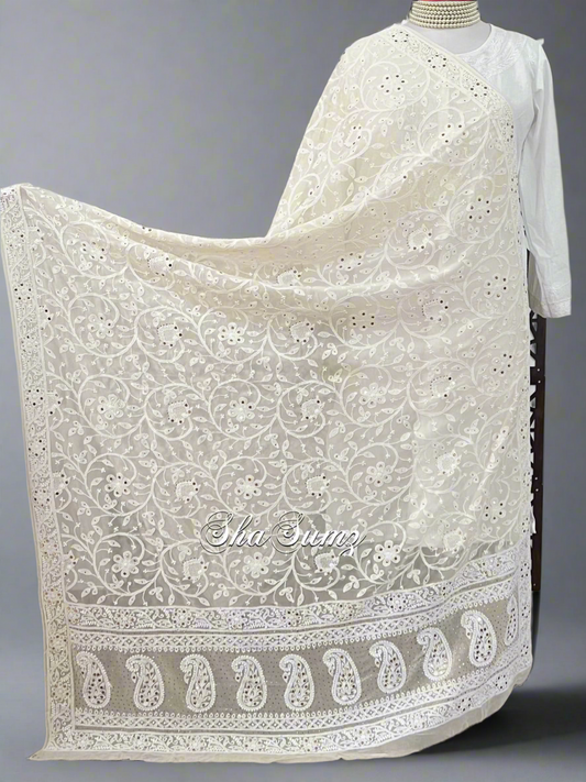 Cream Pure Georgette Chikankari & Kamdani Dupatta