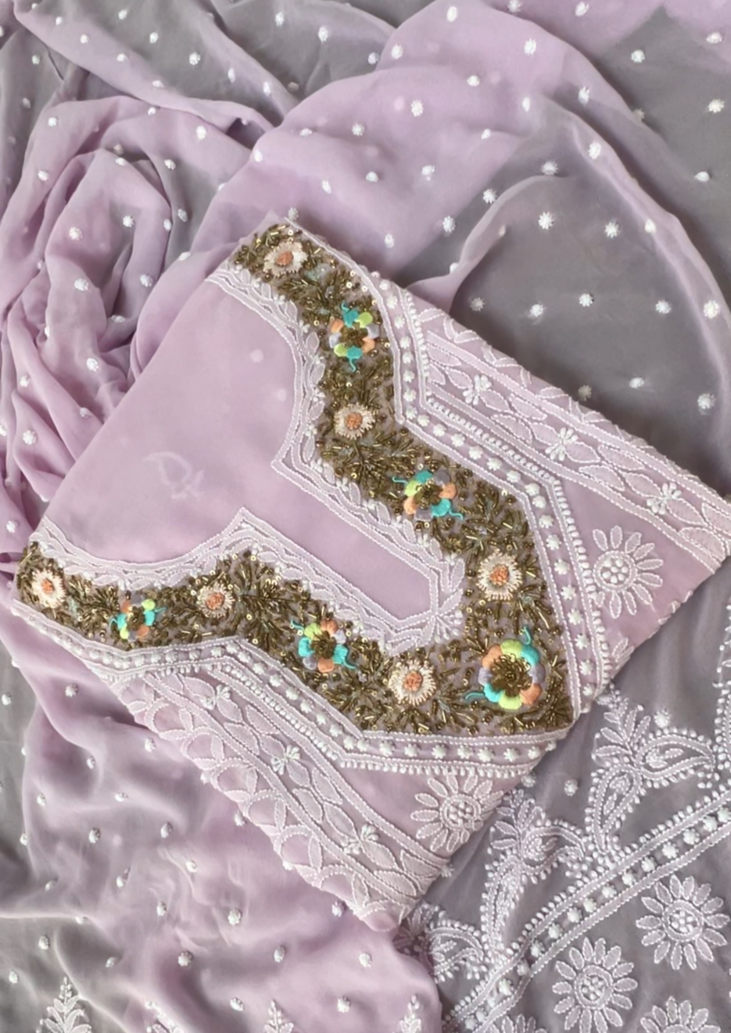 Lavender Luxe: Pure Georgette Suit with Chikankari & Zardozi