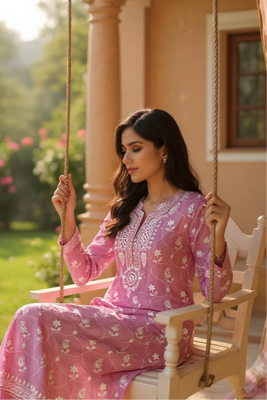 Woman wearing ShaSumz Rose Pink Mul Chanderi Suit 