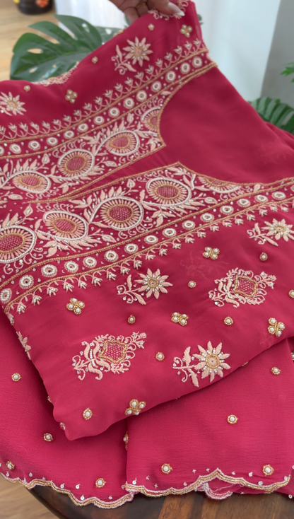 Soft Red Pure Georgette Suit with Chikankari & Embellishments