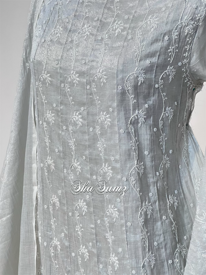 Silver Tissue Chikankari & Embellishments Anarkali