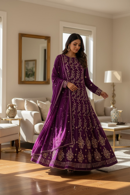 Pure Georgette Anarkali – Hand-Embroidered Mukaish 