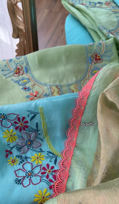 Pure Handwoven Silk Kurta Set with Multi Color Chikankari