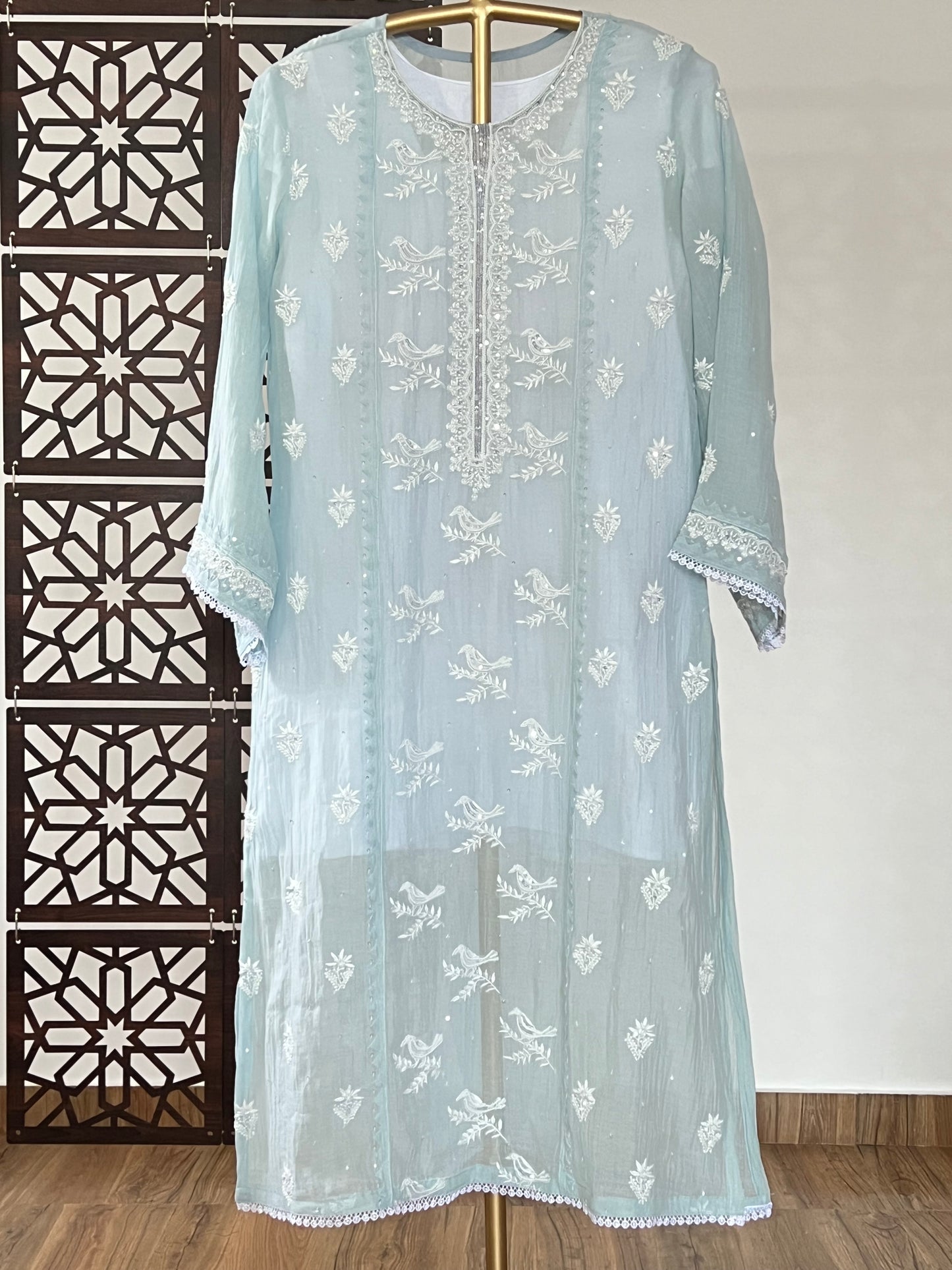 Powder Blue Birds Design Mul Chanderi Kurti