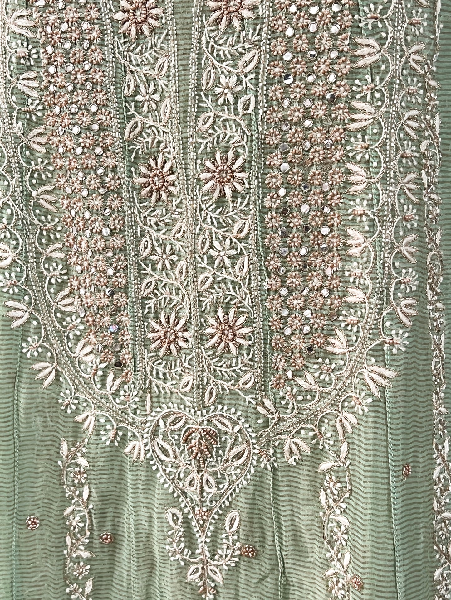 Sage Green Striped Tissue Chanderi Anarkali- Chikankari and embellishments