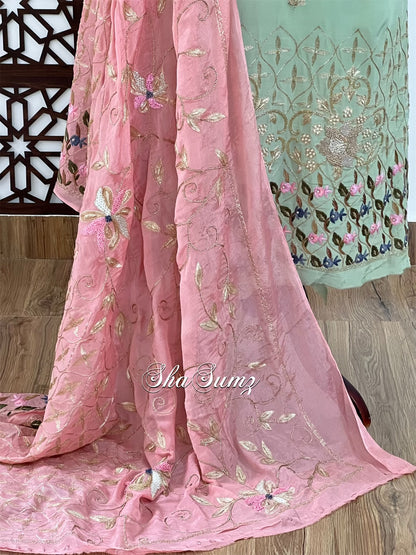 Pistachio Green & Blush Pink Crepe Silk Zardozi Suit