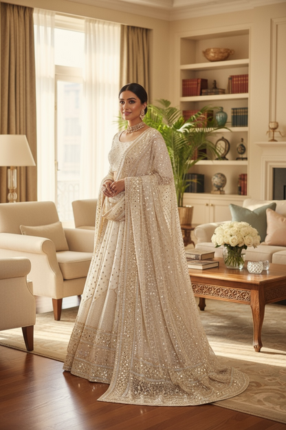 Ivory Glittery Mukaish & Mirrors Lehenga