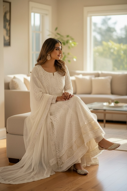 Ivory Chikankari & Mukaish Anarkali – Pure Georgette Elegance
