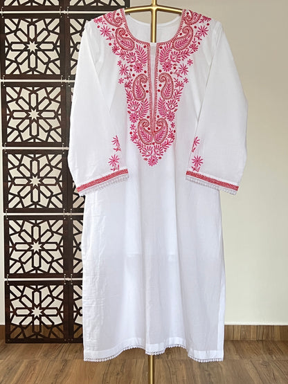 White Cambric Cotton Kurta with Multi Colour Chikankari