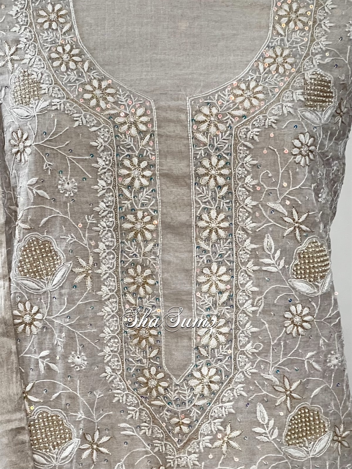 Silver Tissue Chanderi Silk Chikankari and Embellishments Suit