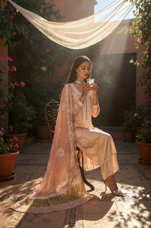 Peach Pure Silk Suit with Chikankari & Embellishments